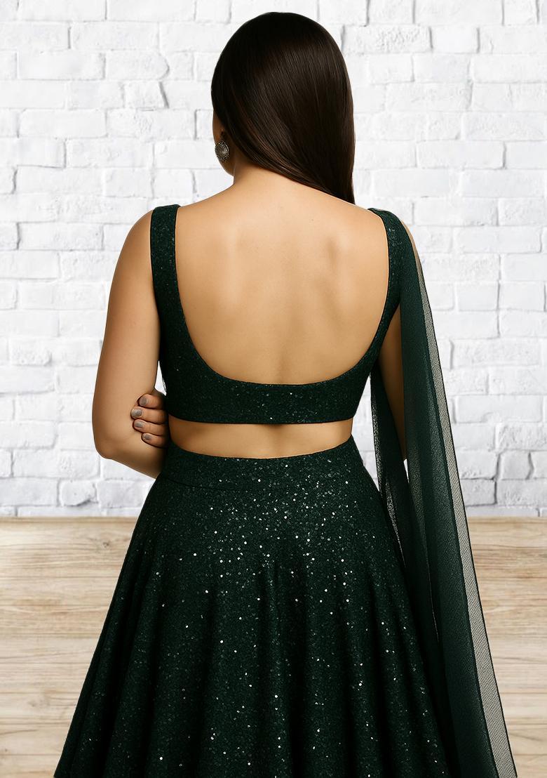 Green Sequin Embroidery Net Lehenga Set - Indya