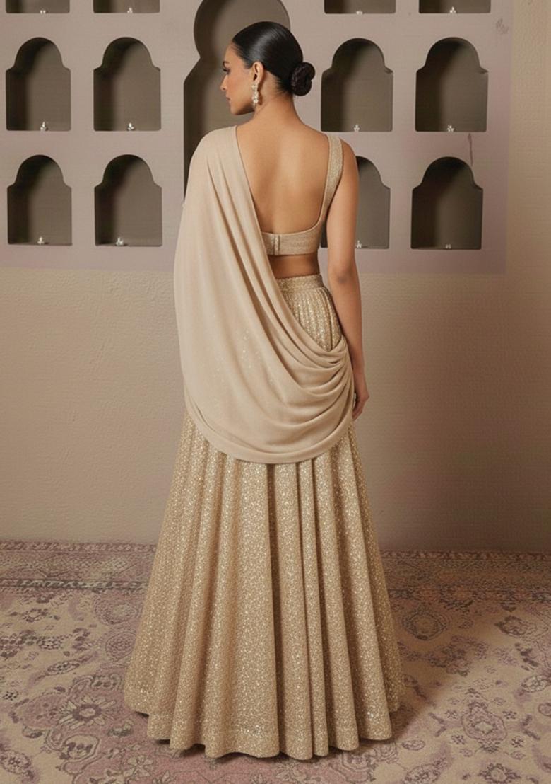 Champagne Sequin Lycra Lehenga Set - Indya