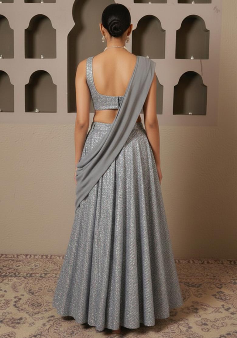 Silver Grey Sequin Lycra Lehenga Set - Indya