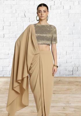 Beige Solid Lycra Fusion Set