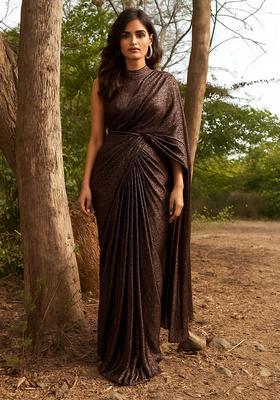 Dark Brown Sequin Lycra Pre Draped Saree Set