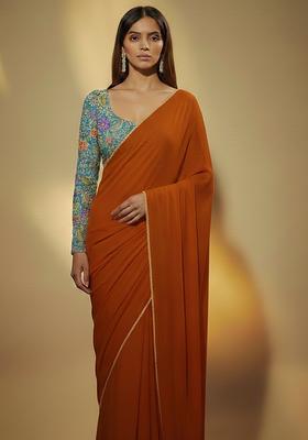 Orange Solid Crepe Pre Draped Saree Set