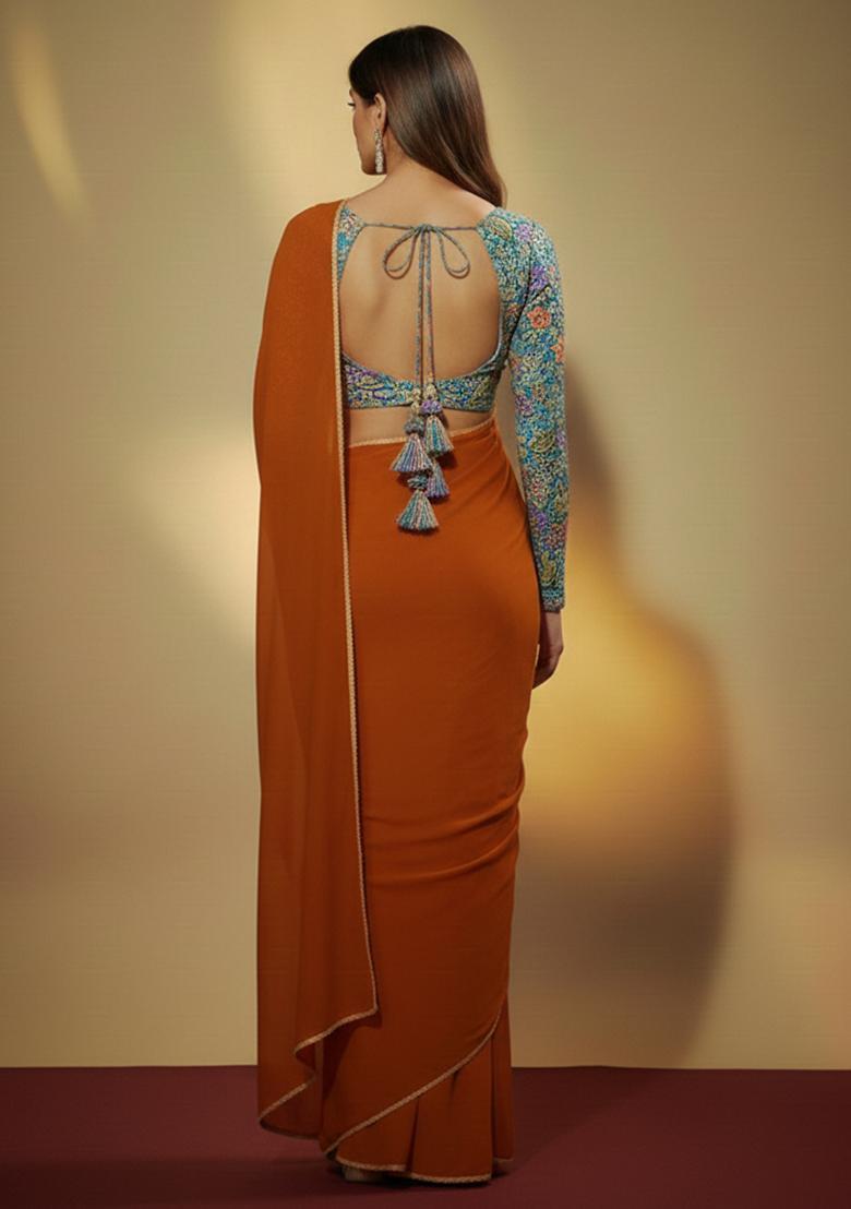 Orange Solid Crepe Pre Draped Saree Set - Indya