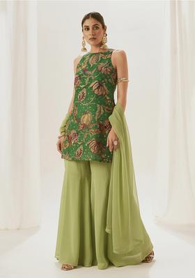 Green Floral Print Tissue Sharara Set
