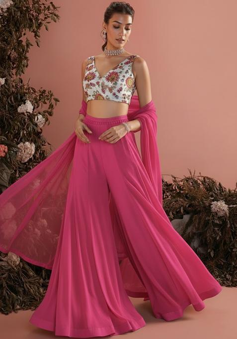 Pink Embroidered Georgette Fusion Set