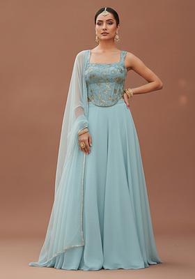 Blue Embroidered Silk Blend Fusion Set