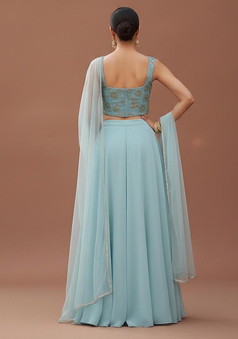 Blue Embroidered Silk Blend Fusion Set - Indya
