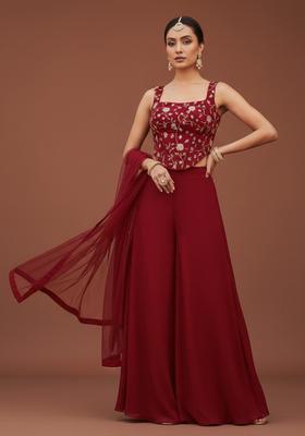 Red Embroidered Silk Blend Fusion Set