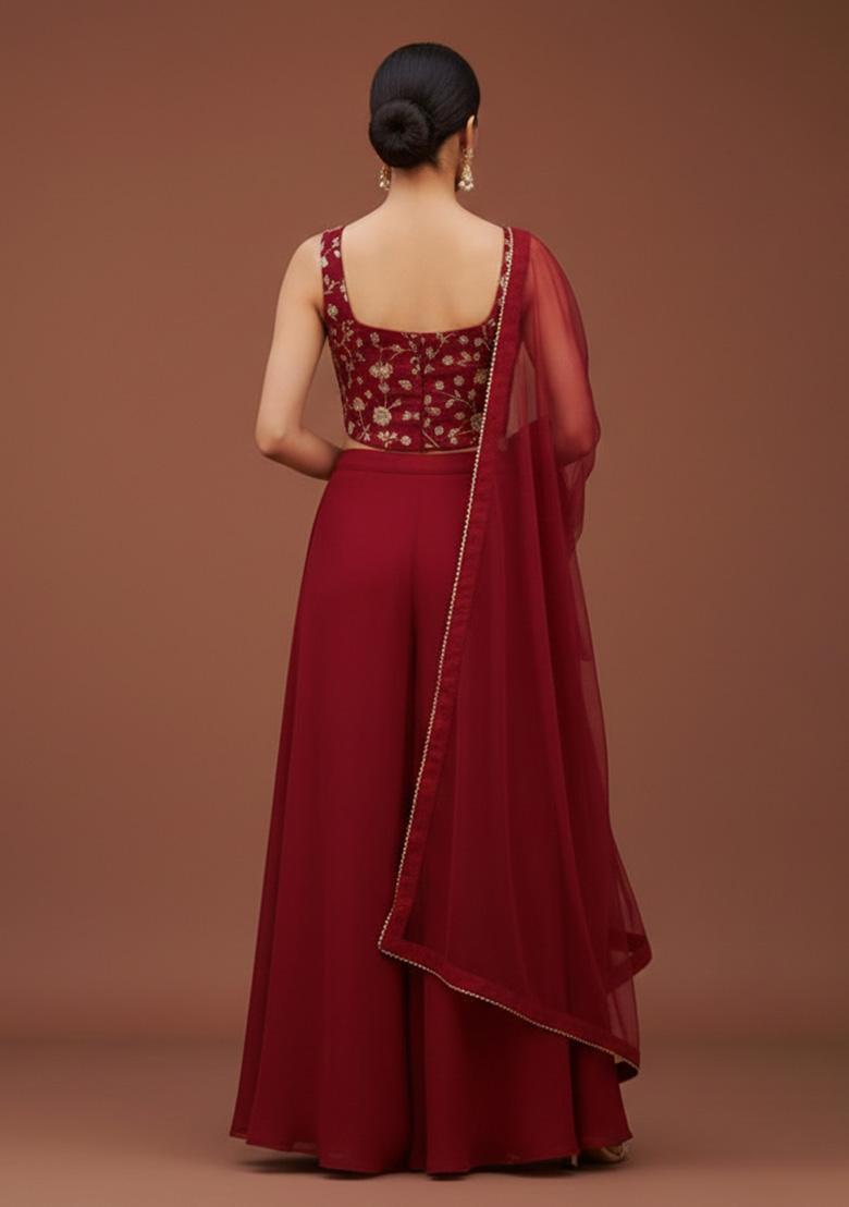 Red Embroidered Silk Blend Fusion Set - Indya