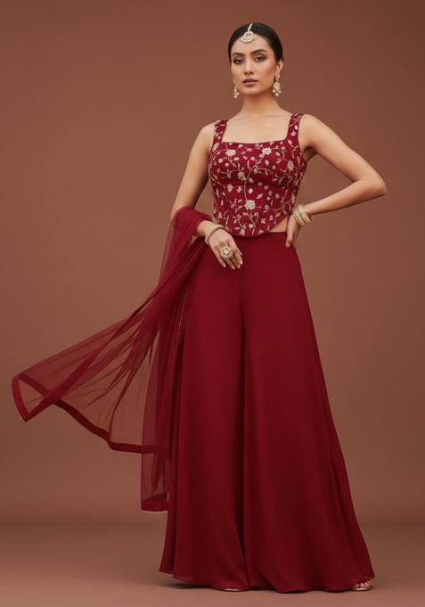 Red Embroidered Silk Blend Fusion Set