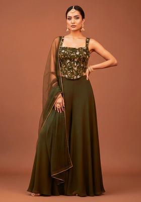 Dark Green Embroidered Silk Blend Fusion Set