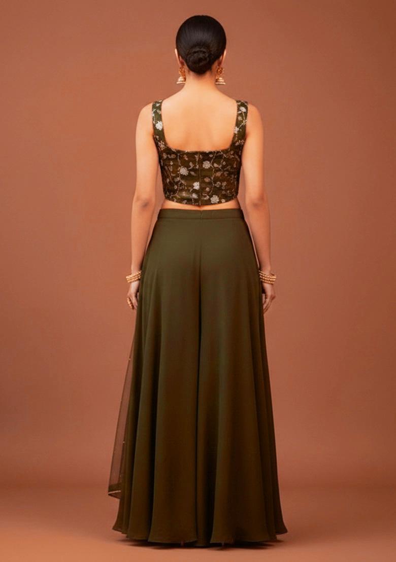 Dark Green Embroidered Silk Blend Fusion Set - Indya