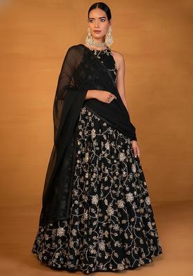 Black Embroidered Silk Blend Lehenga Set