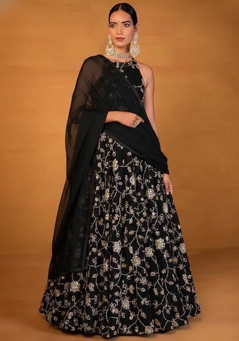 Black Embroidered Silk Blend Lehenga Set