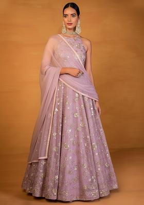 Lavender Embroidered Silk Blend Anarkali With Dupatta