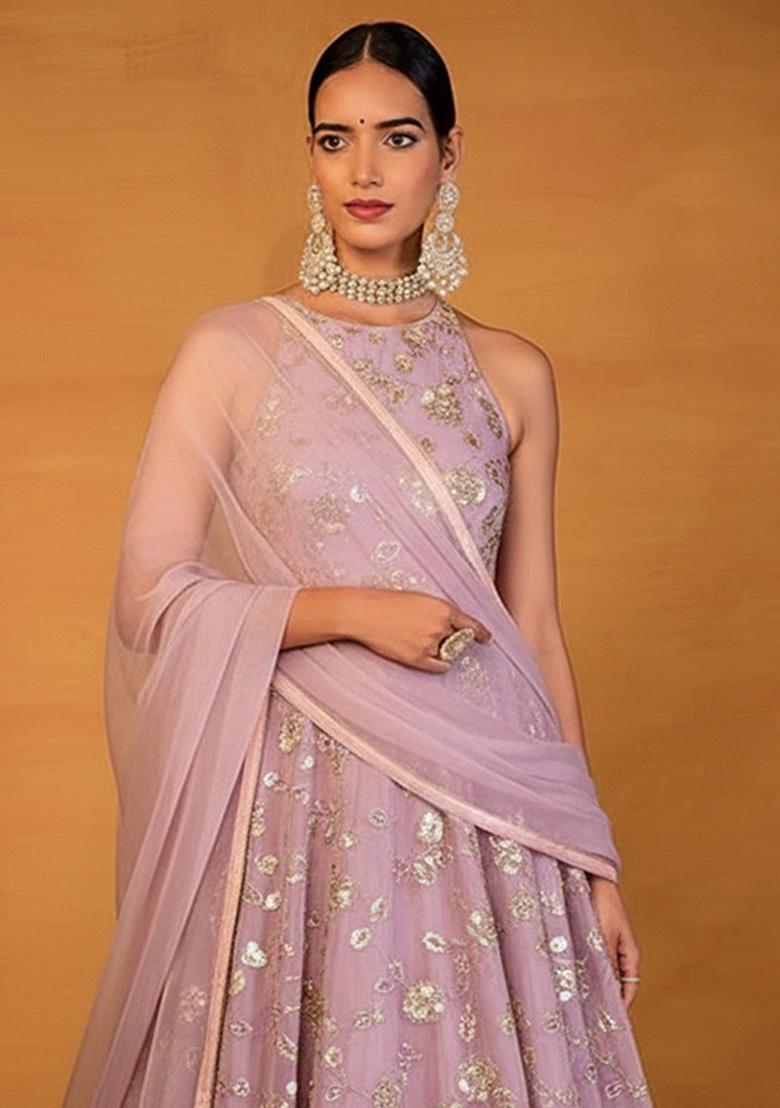 Lavender Embroidered Silk Blend Anarkali With Dupatta - Indya