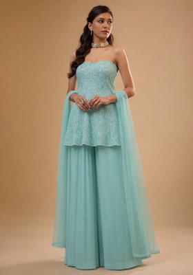 Blue Embroidered Chinon Sharara Set