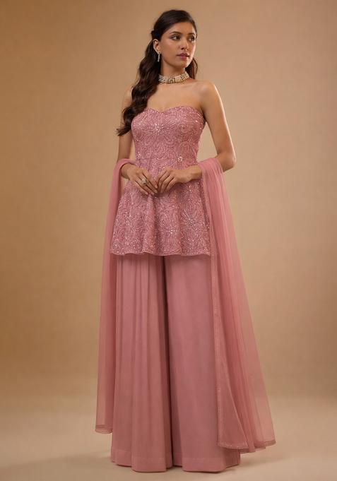 Pink Embroidered Chinon Sharara Set