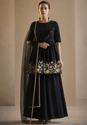 Black Embroidered Silk Blend Sharara Set