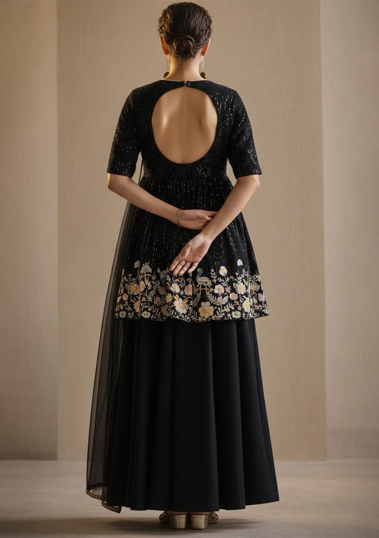 Black Embroidered Silk Blend Sharara Set - Indya