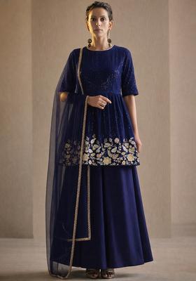 Navy Blue Embroidered Silk Blend Sharara Set