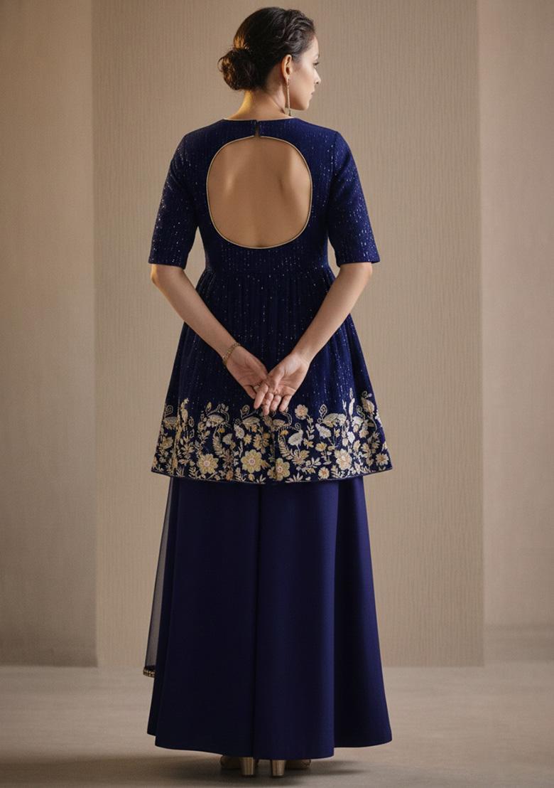 Navy Blue Embroidered Silk Blend Sharara Set - Indya