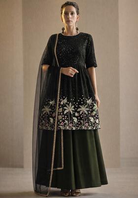 Black Embroidered Silk Blend Sharara Set