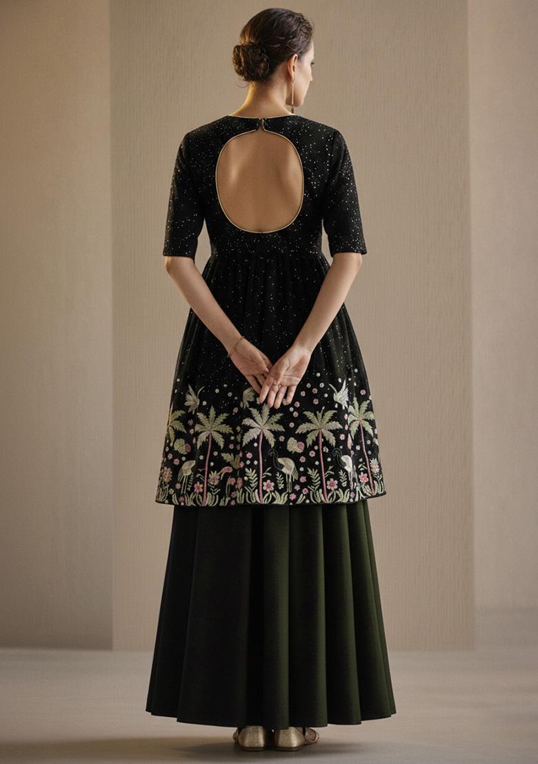 Black Embroidered Silk Blend Sharara Set - Indya