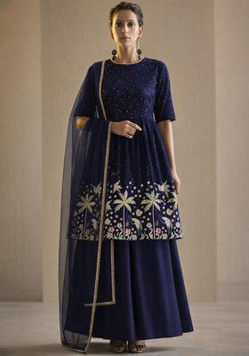 Dark Blue Embroidered Silk Blend Sharara Set