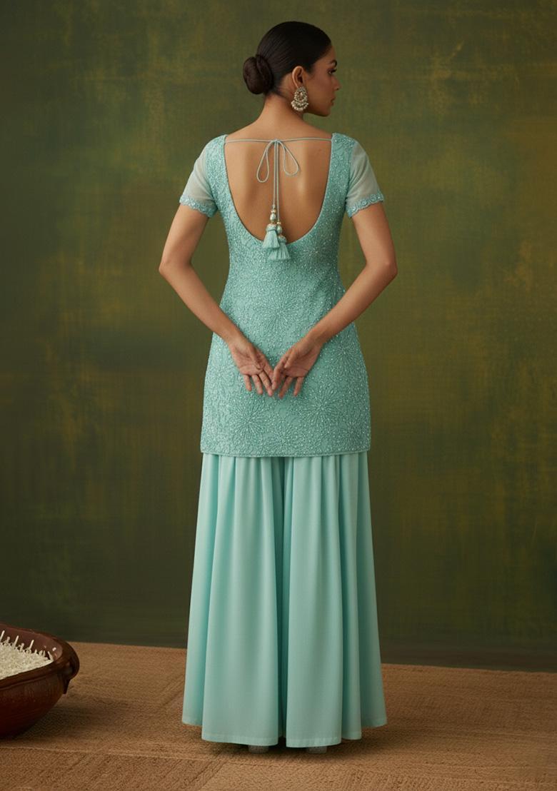 Blue Embroidered Chinon Sharara Set - Indya
