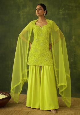 Yellow Embroidered Chinon Sharara Set