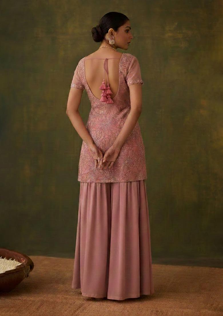 Pink Embroidered Chinon Sharara Set - Indya