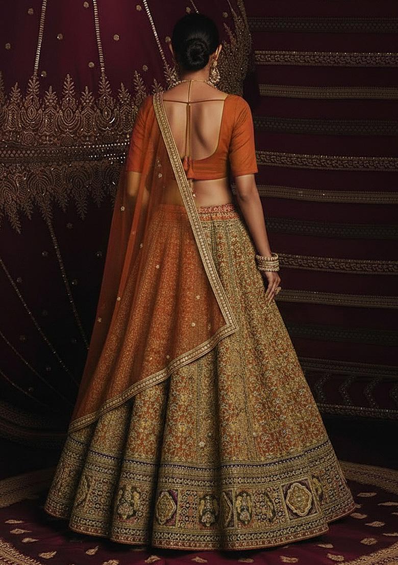 Rust Embroidered Crepe Lehenga Set - Indya