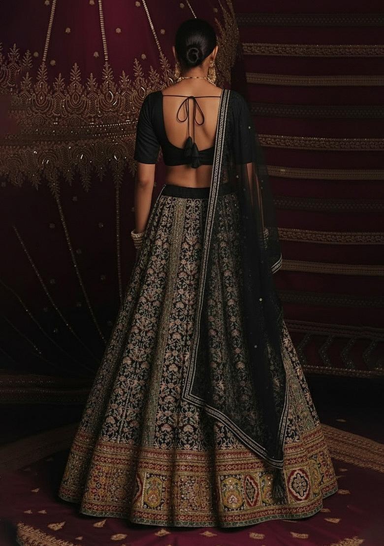 Black Embroidered Crepe Lehenga Set - Indya