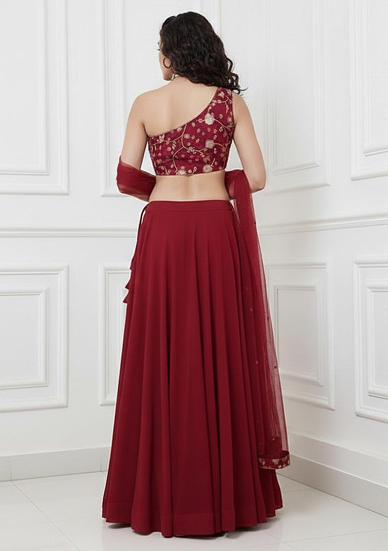 Red Embroidered Silk Blend Lehenga Set - Indya