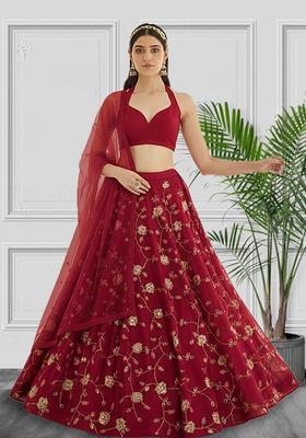Red Embroidered Silk Blend Lehenga Set
