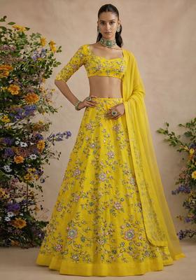 Yellow Embroidered Crepe Lehenga Set