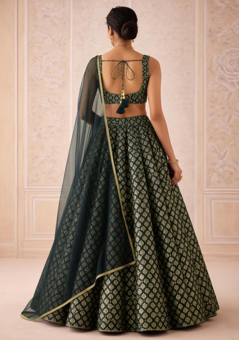 Dark Blue Brocade Lehenga Set - Indya