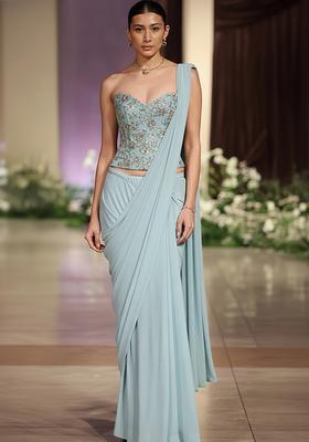 Blue Embroidered Silk Blend Pre Draped Saree Set