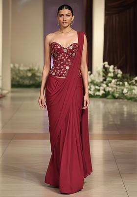 Red Embroidered Silk Blend Pre Draped Saree Set