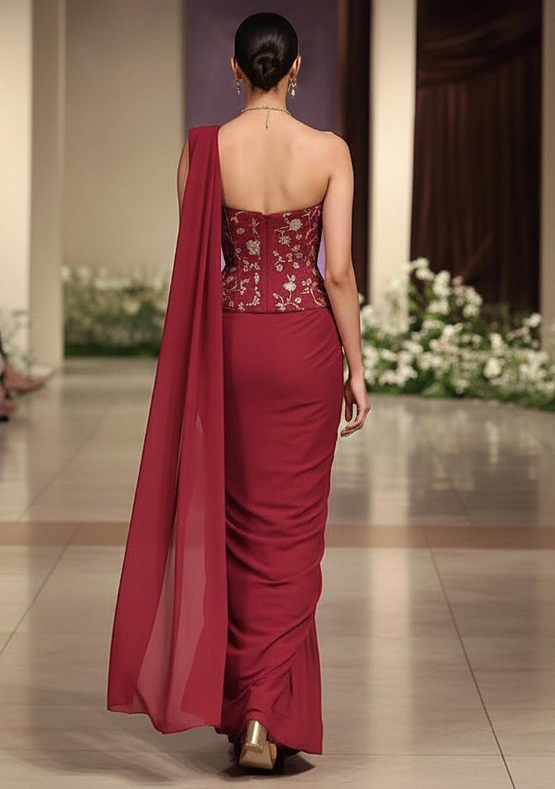 Red Embroidered Silk Blend Pre Draped Saree Set - Indya