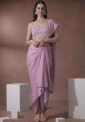 Lavender Embroidered Silk Blend Pre Draped Saree Set