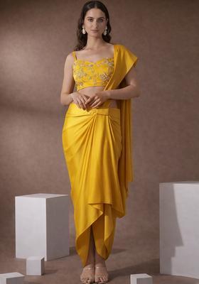 Yellow Embroidered Silk Blend Pre Draped Saree Set