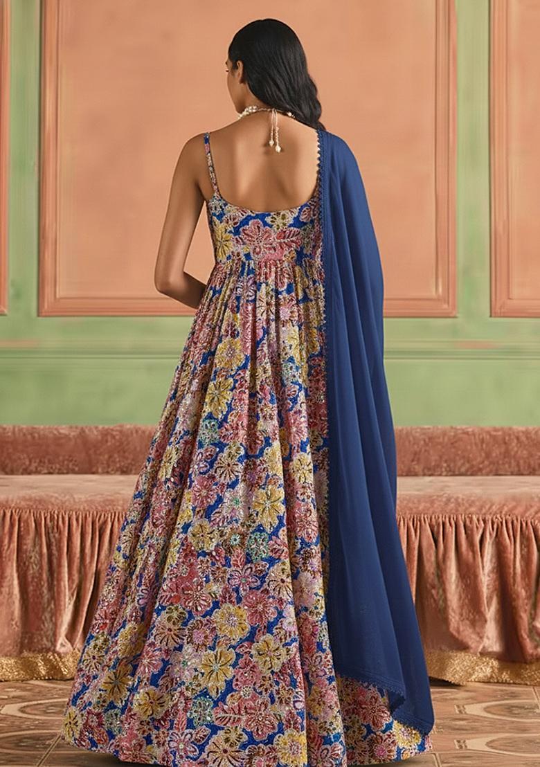 Multicolor Embroidery Blouse Crepe Anarkali Set - Indya