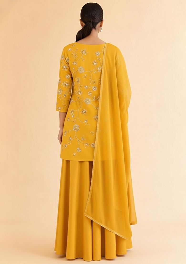 Mustard Floral Embroidery Silk Blend Sharara Set - Indya