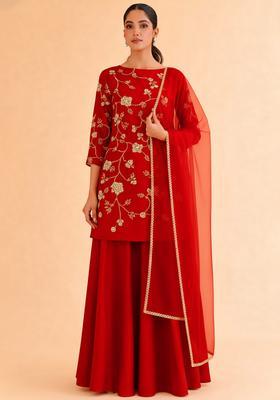 Red Floral Embroidery Silk Blend Sharara Set