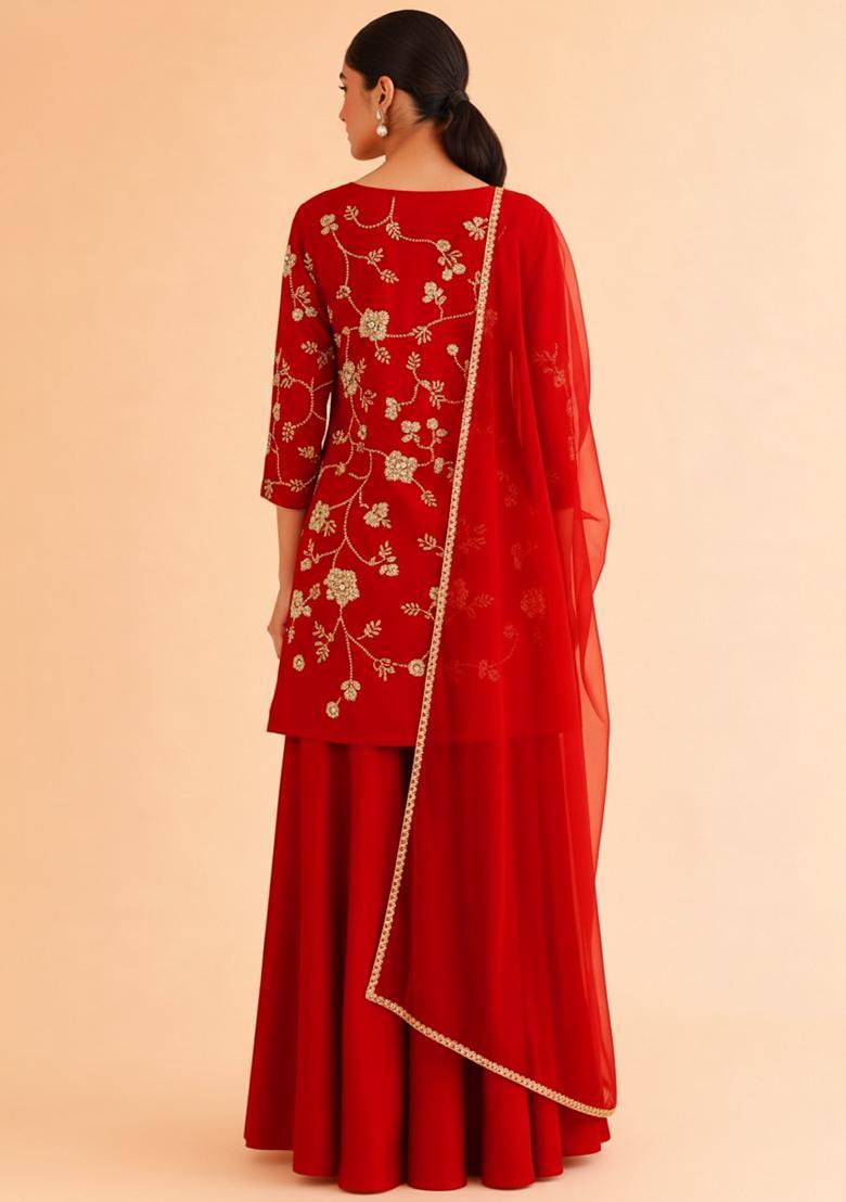 Red Floral Embroidery Silk Blend Sharara Set - Indya