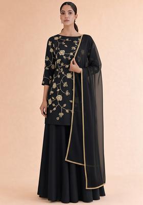 Black Floral Embroidery Silk Blend Sharara Set