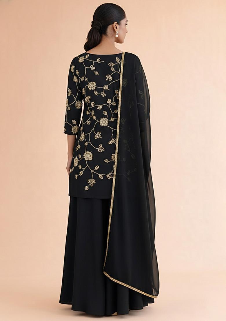 Black Floral Embroidery Silk Blend Sharara Set - Indya