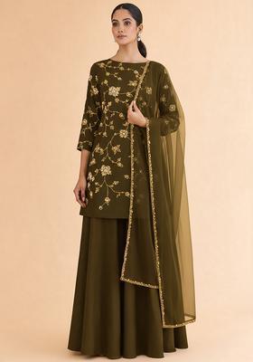 Olive Green Floral Embroidery Silk Blend Sharara Set